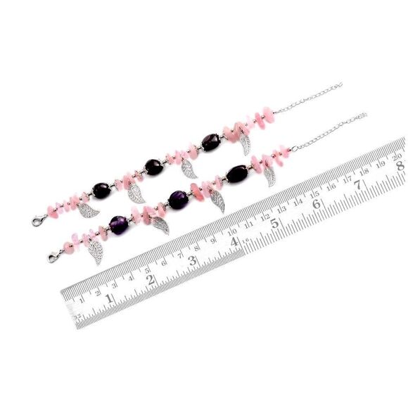 Purple Amethyst and Pink Quartz Silver Filagree Leaves Bangle Bracelet NEW - Picture 4 of 5